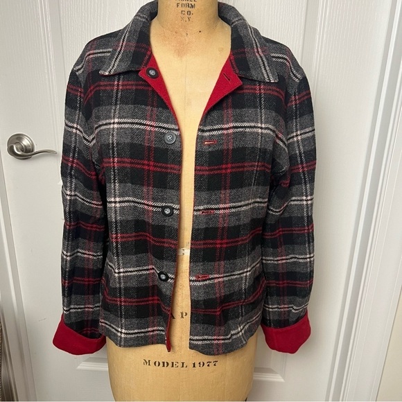 Charter Club Reversible Black/gray/white Plaid and Red Wool Blend jacket - Picture 1 of 4